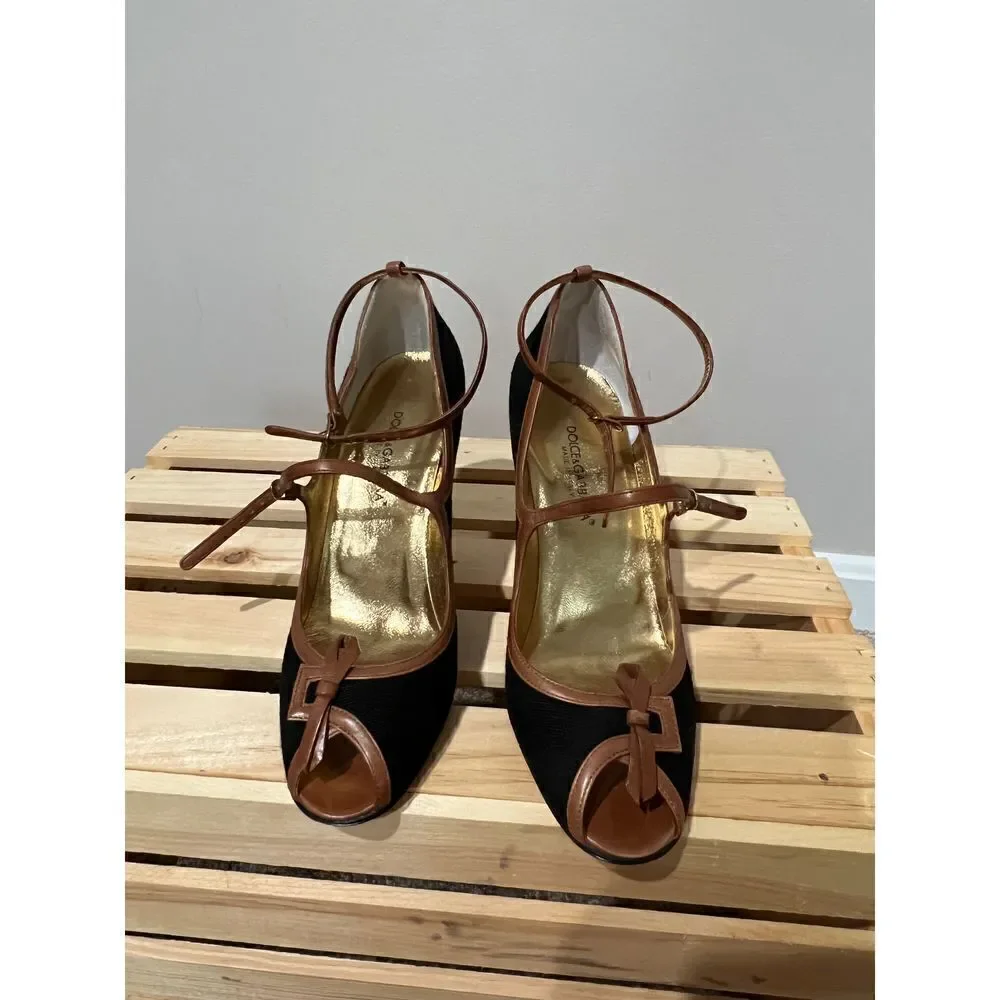 Dolce & Gabbana Women’s Shoes Black brown Fabric Open toe Platform Heels 38.5